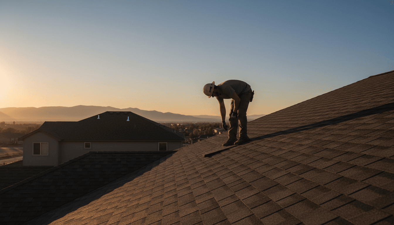 Roofer inspecting residential roof in Carbon County with mountain backdrop