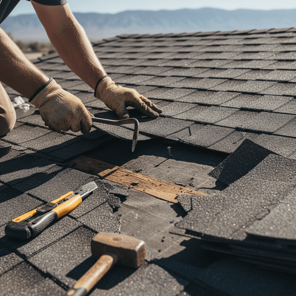 Roofer performing detailed repair work on damaged shingles
