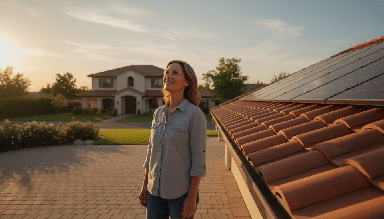 Homeowner looking at their residential roof with confidence during golden hour