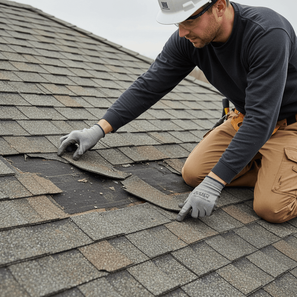 Roofing contractor inspecting damaged roof