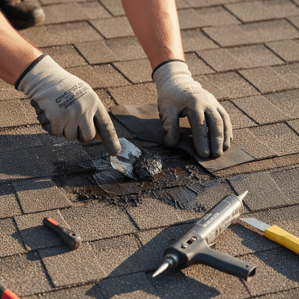 Skilled roof repair work being performed